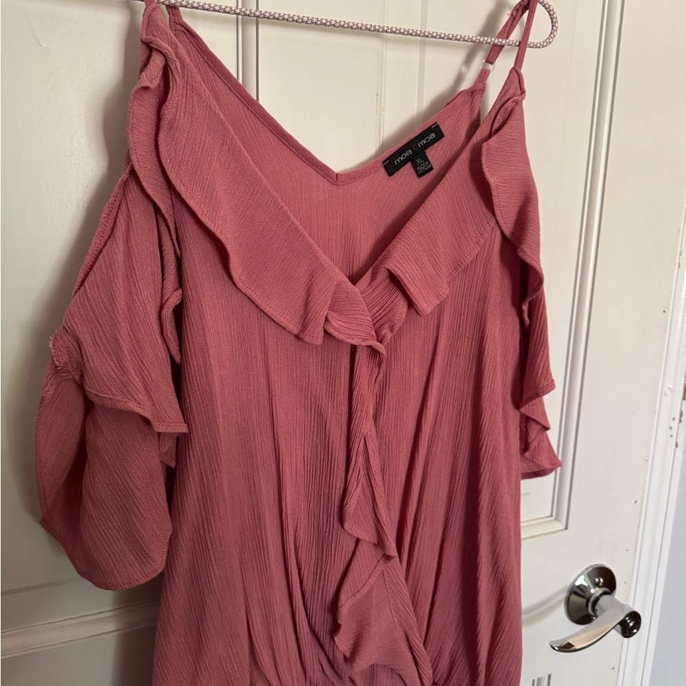 Pink Ruffled Cold Shoulder Top - Picture 2 of 4